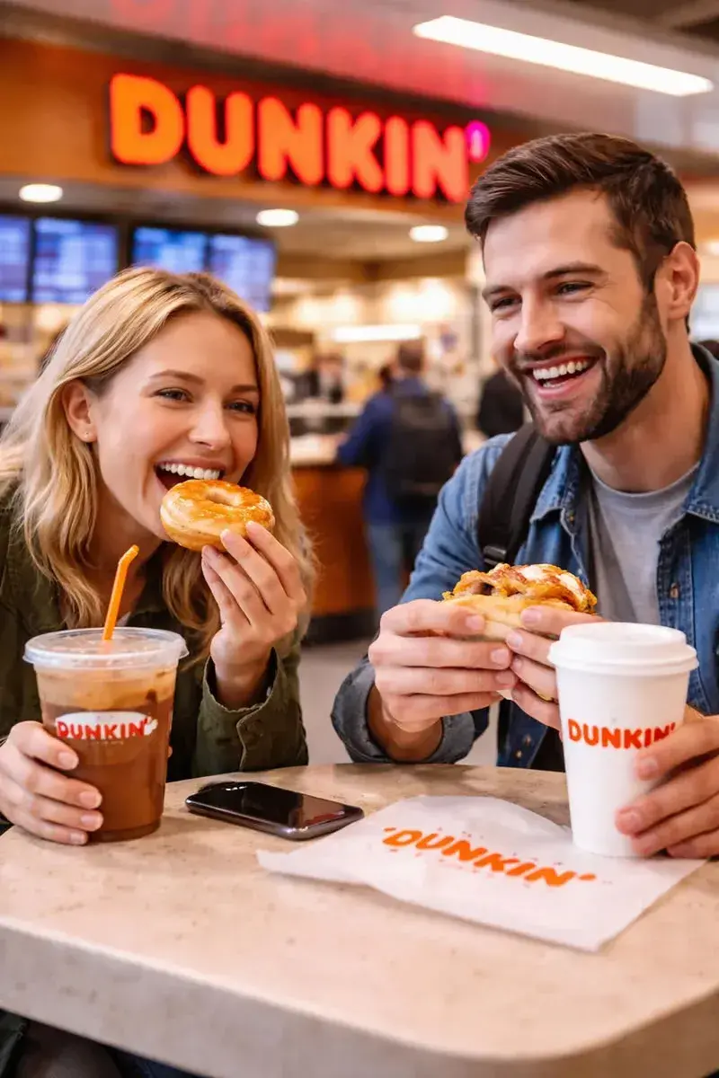 A middle age couple enjoing a fast food combo in Dunkin', at O'Hare Airport