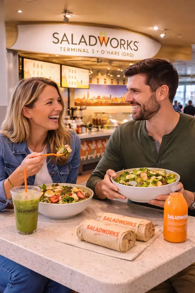 Couple eating at SaladWorks in O'Hare airport