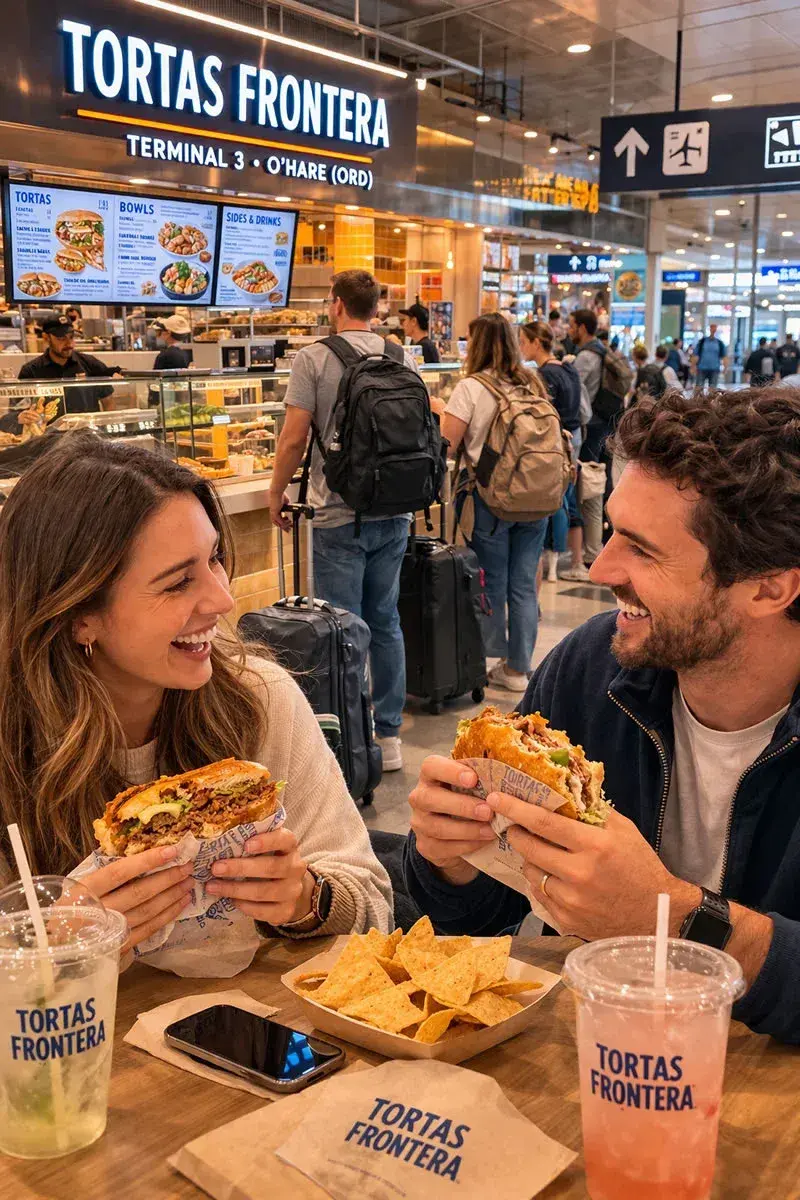 A middle age couple enjoing a fast food combo in Tortas Frontera, at O'Hare Airport Terminal 3