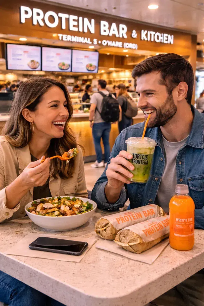 A middle age couple enjoing a fast food combo in Protein Bar, at O'Hare Airport Terminal 5